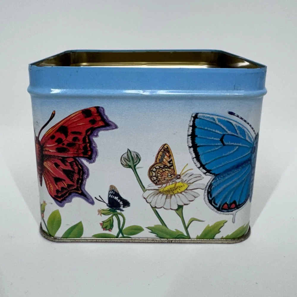 Early 90’s Vintage Butterfly & Flower Print Square Tin Box With Lid